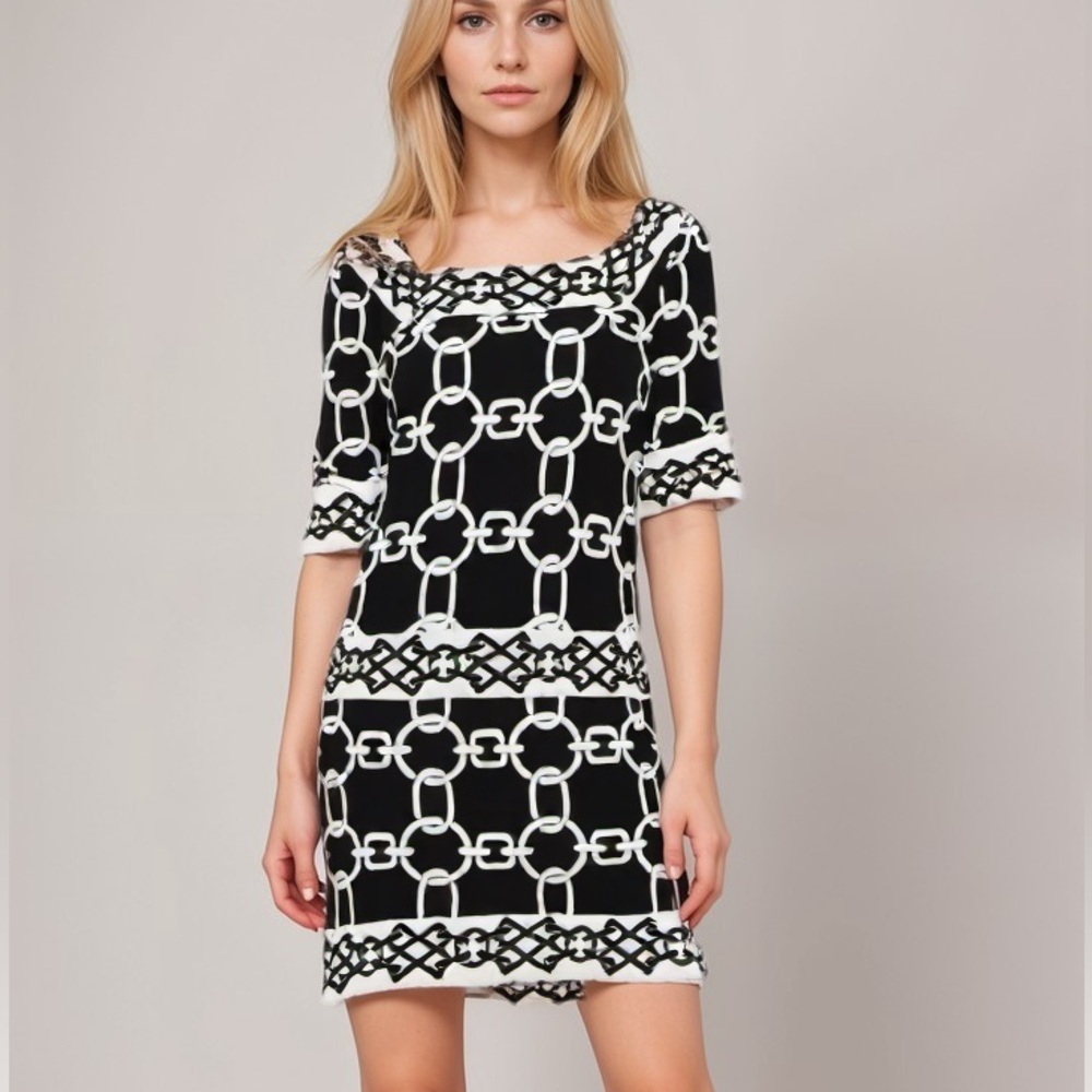 London times black white geometric retro style print sheath dress ❤️ - Picture 2 of 6